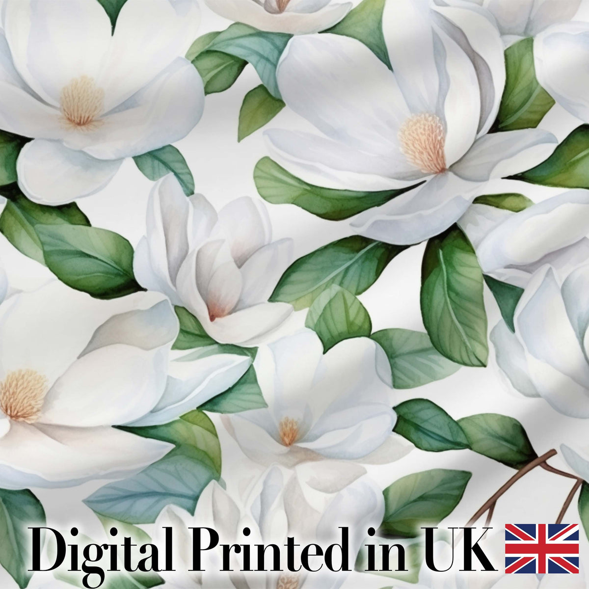 Soft White Magnolia Flowers and Green Leaves Seamless Pattern Digital Print Fabric by the Metre UK Sewing Quilting Textile