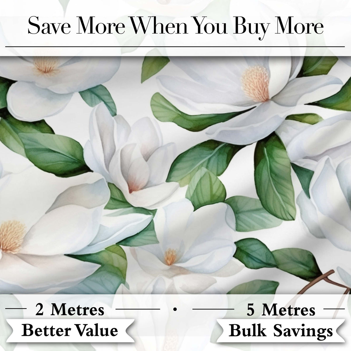 Soft White Magnolia Flowers and Green Leaves Seamless Pattern Digital Print Fabric by the Metre UK Sewing Quilting Textile