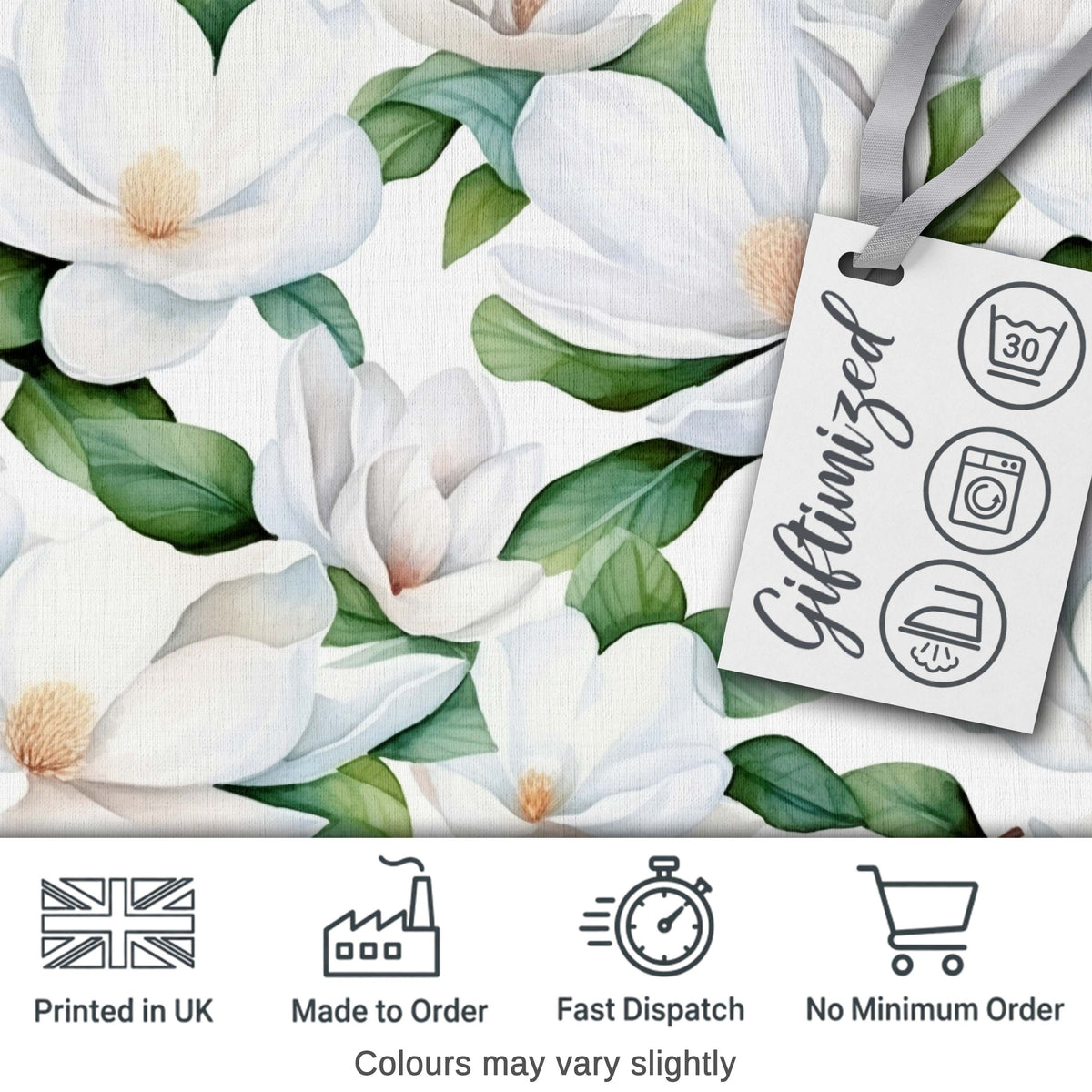 Soft White Magnolia Flowers and Green Leaves Seamless Pattern Digital Print Fabric by the Metre UK Sewing Quilting Textile