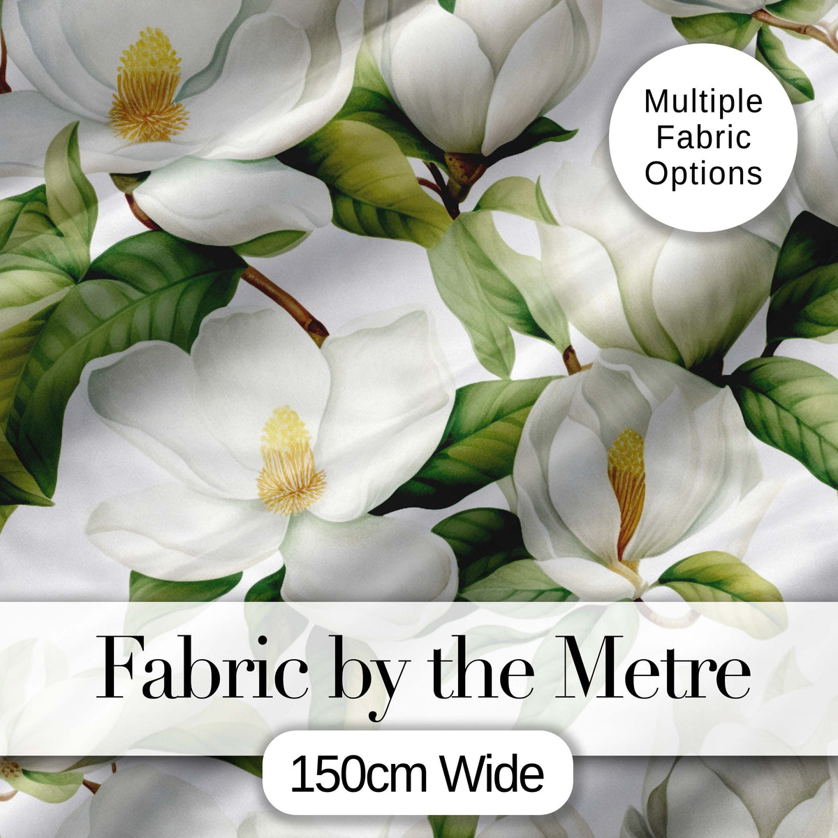 Elegant White Magnolia Flowers and Green Leaves Seamless Pattern Digital Print Fabric by the Metre UK Sewing Quilting Textile