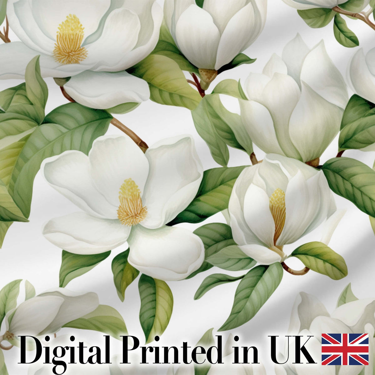 Elegant White Magnolia Flowers and Green Leaves Seamless Pattern Digital Print Fabric by the Metre UK Sewing Quilting Textile