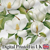 Elegant White Magnolia Flowers and Green Leaves Seamless Pattern Digital Print Fabric by the Metre UK Sewing Quilting Textile