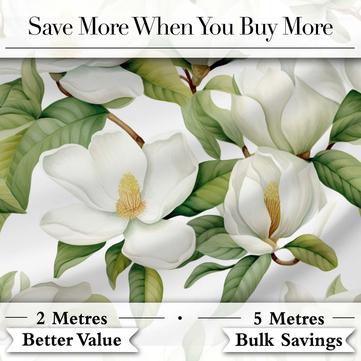 Elegant White Magnolia Flowers and Green Leaves Seamless Pattern Digital Print Fabric by the Metre UK Sewing Quilting Textile