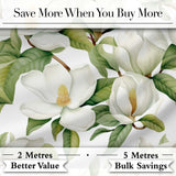 Elegant White Magnolia Flowers and Green Leaves Seamless Pattern Digital Print Fabric by the Metre UK Sewing Quilting Textile