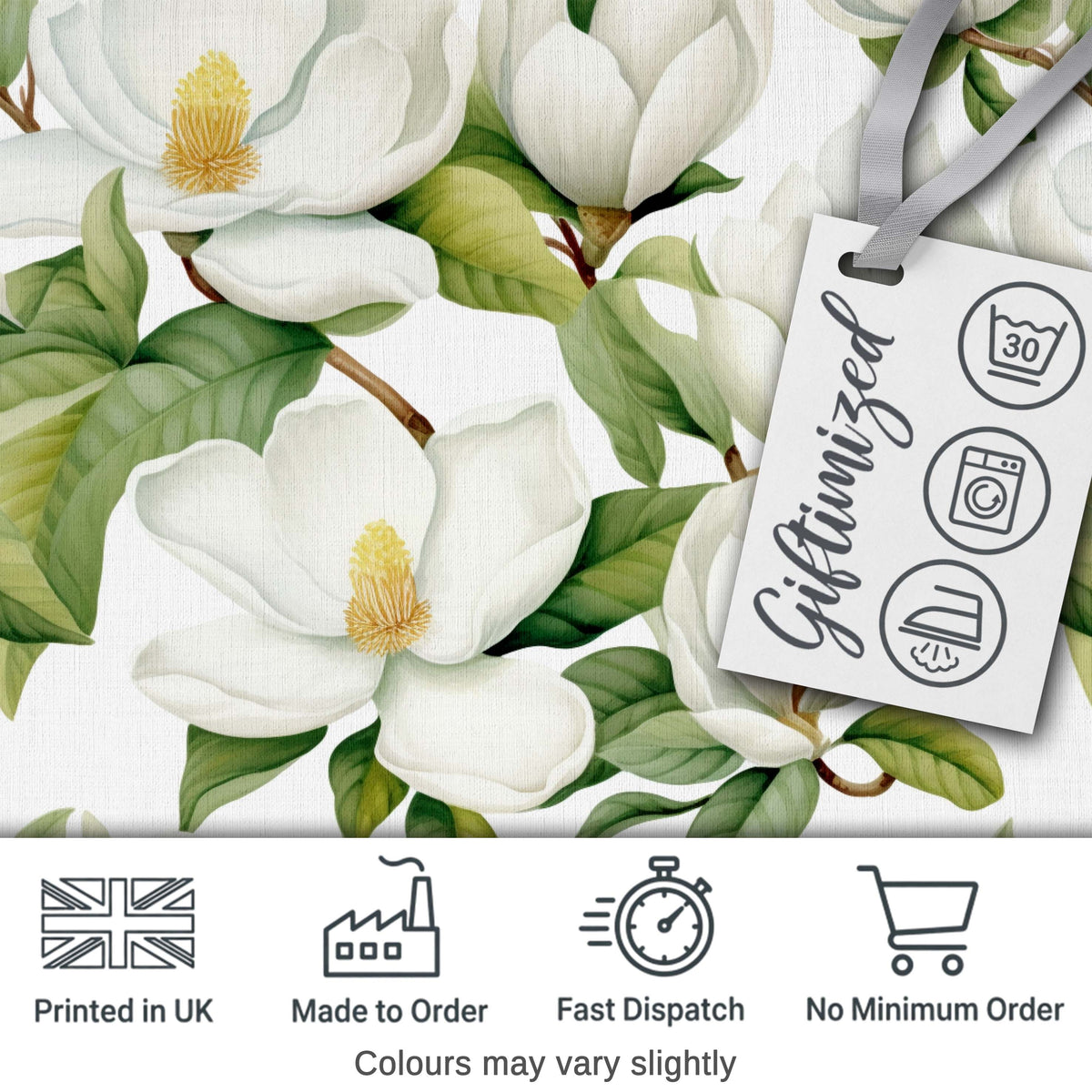 Elegant White Magnolia Flowers and Green Leaves Seamless Pattern Digital Print Fabric by the Metre UK Sewing Quilting Textile