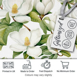 Elegant White Magnolia Flowers and Green Leaves Seamless Pattern Digital Print Fabric by the Metre UK Sewing Quilting Textile