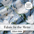 Soft White Magnolia Blossoms on Blue Background Seamless Pattern Digital Print Fabric by the Metre UK Sewing Quilting Textile
