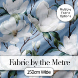 Soft White Magnolia Blossoms on Blue Background Seamless Pattern Digital Print Fabric by the Metre UK Sewing Quilting Textile