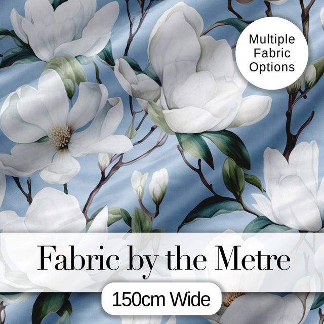 Soft White Magnolia Blossoms on Blue Background Seamless Pattern Digital Print Fabric by the Metre UK Sewing Quilting Textile