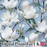 Soft White Magnolia Blossoms on Blue Background Seamless Pattern Digital Print Fabric by the Metre UK Sewing Quilting Textile