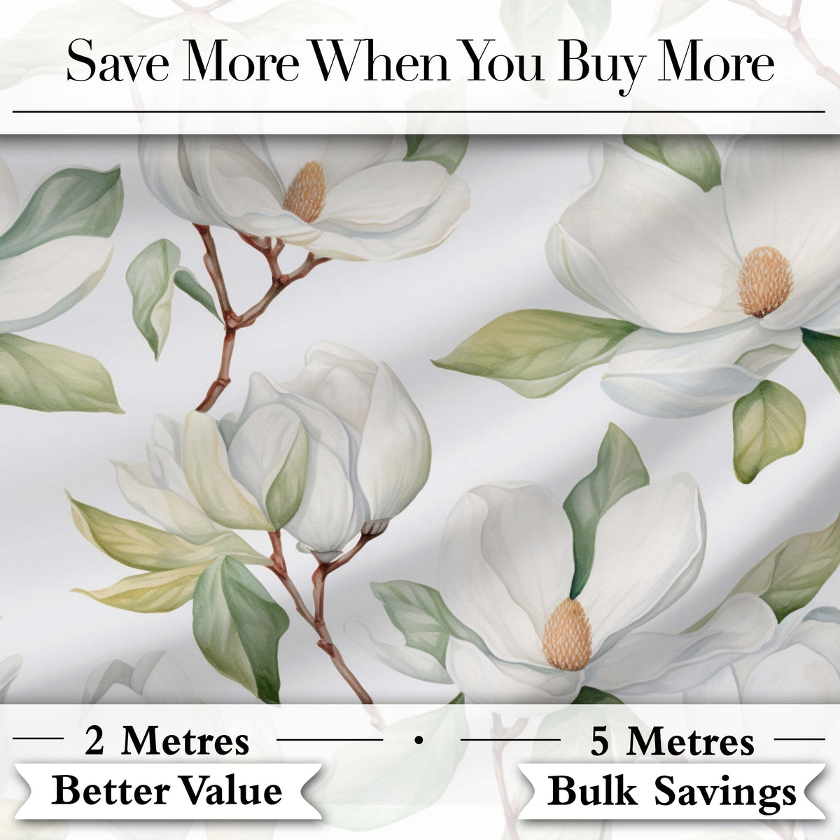 Delicate Magnolia Flowers and Buds Seamless Pattern Digital Print Fabric by the Metre UK Sewing Quilting Textile