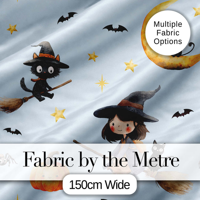 Cute Halloween Witch Girl with Black Cats Moon and Stars Seamless Pattern Digital Print Fabric by the Metre UK Sewing Quilting Textile