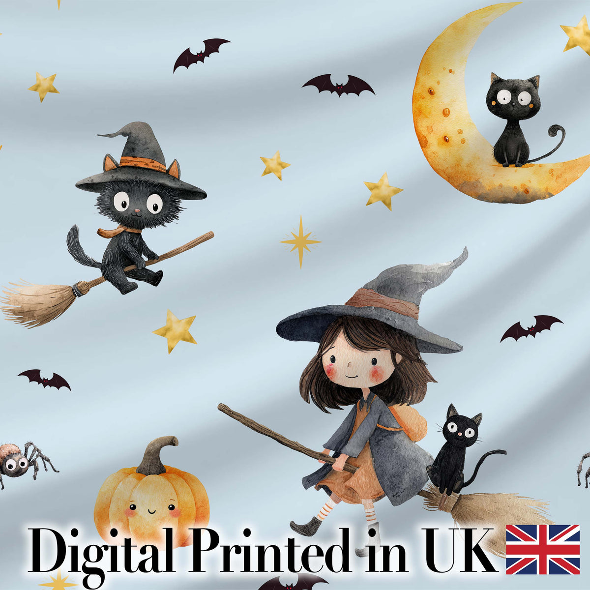 Cute Halloween Witch Girl with Black Cats Moon and Stars Seamless Pattern Digital Print Fabric by the Metre UK Sewing Quilting Textile