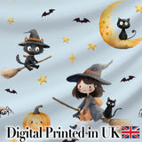 Cute Halloween Witch Girl with Black Cats Moon and Stars Seamless Pattern Digital Print Fabric by the Metre UK Sewing Quilting Textile