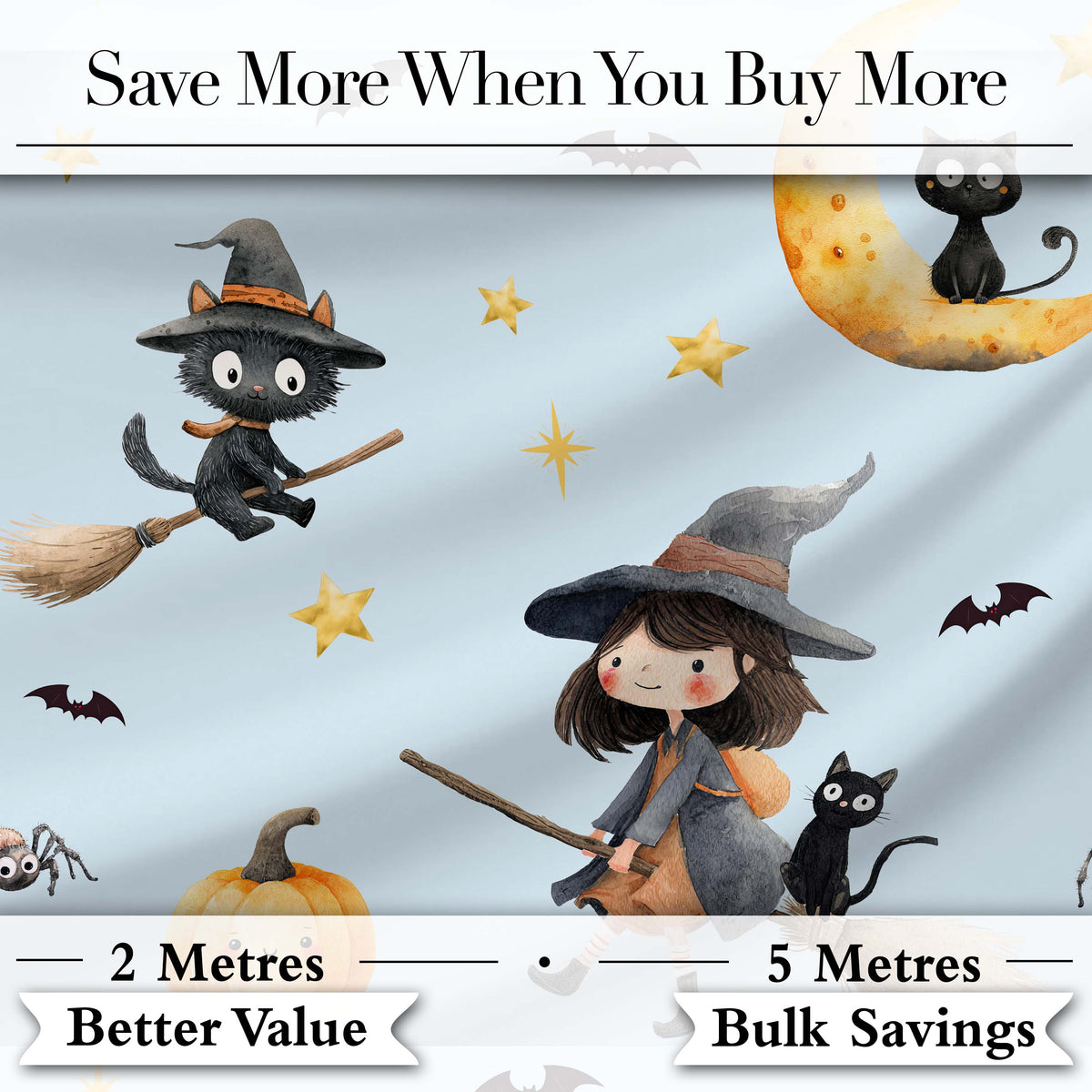 Cute Halloween Witch Girl with Black Cats Moon and Stars Seamless Pattern Digital Print Fabric by the Metre UK Sewing Quilting Textile