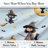 Cute Halloween Witch Girl with Black Cats Moon and Stars Seamless Pattern Digital Print Fabric by the Metre UK Sewing Quilting Textile