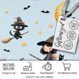 Cute Halloween Witch Girl with Black Cats Moon and Stars Seamless Pattern Digital Print Fabric by the Metre UK Sewing Quilting Textile