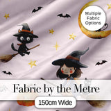 Halloween Witch Girl Flying on Broom with Black Cat Moon and Stars Pink  Digital Print Fabric by the Metre UK Sewing Quilting Textile