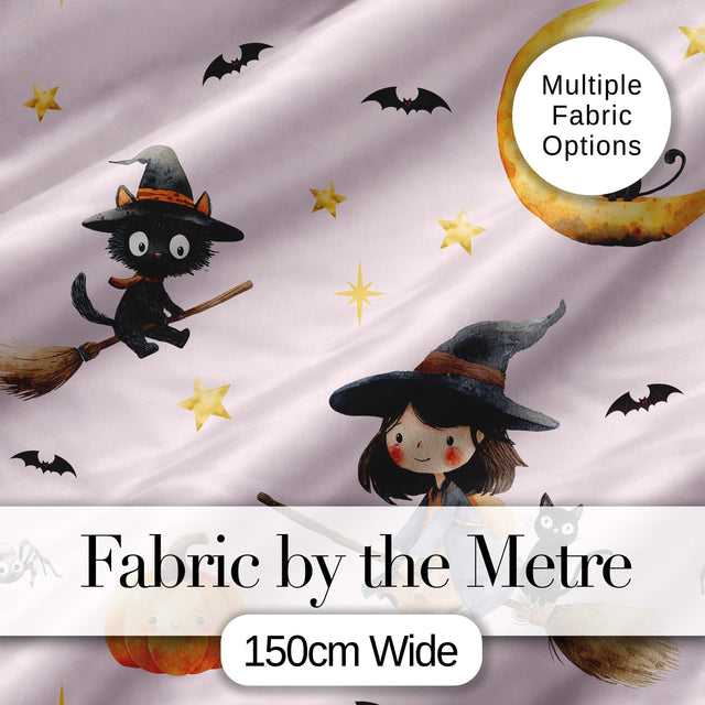 Halloween Witch Girl Flying on Broom with Black Cat Moon and Stars Pink  Digital Print Fabric by the Metre UK Sewing Quilting Textile