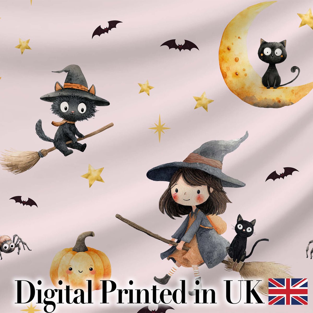 Halloween Witch Girl Flying on Broom with Black Cat Moon and Stars Pink  Digital Print Fabric by the Metre UK Sewing Quilting Textile