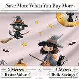 Halloween Witch Girl Flying on Broom with Black Cat Moon and Stars Pink  Digital Print Fabric by the Metre UK Sewing Quilting Textile