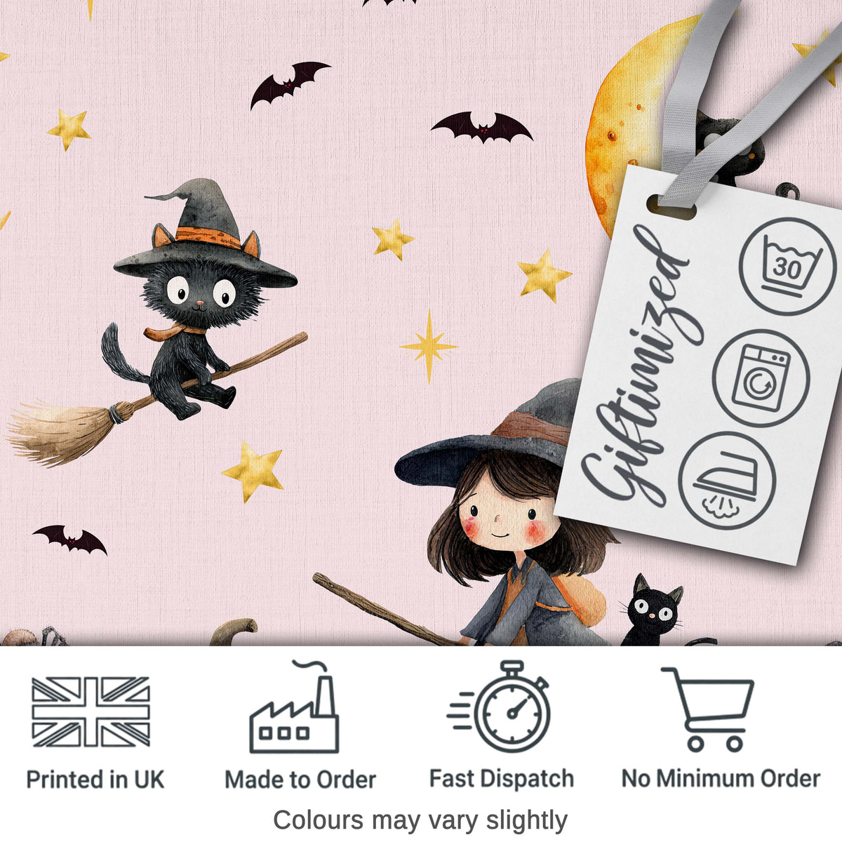 Halloween Witch Girl Flying on Broom with Black Cat Moon and Stars Pink  Digital Print Fabric by the Metre UK Sewing Quilting Textile