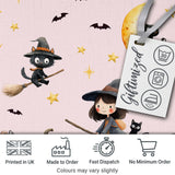 Halloween Witch Girl Flying on Broom with Black Cat Moon and Stars Pink  Digital Print Fabric by the Metre UK Sewing Quilting Textile