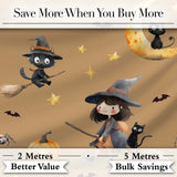 Cute Halloween Witch Girl with Pumpkin Bats and Moon Warm Brown  Digital Print Fabric by the Metre UK Sewing Quilting Textile
