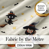 Cute Witch Girl Riding Broom with Black Cat Soft Cream Background   Digital Print Fabric by the Metre UK Sewing Quilting Textile