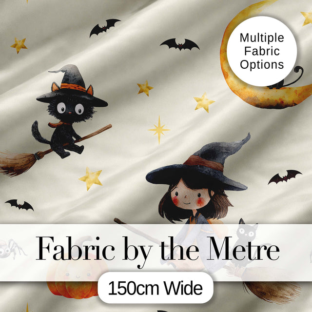 Cute Witch Girl Riding Broom with Black Cat Soft Cream Background   Digital Print Fabric by the Metre UK Sewing Quilting Textile