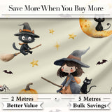 Cute Witch Girl Riding Broom with Black Cat Soft Cream Background   Digital Print Fabric by the Metre UK Sewing Quilting Textile