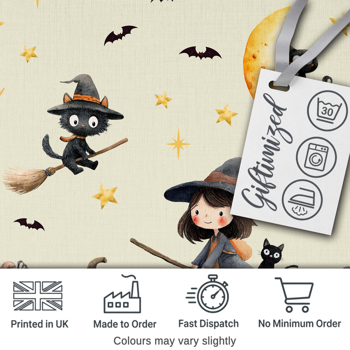 Cute Witch Girl Riding Broom with Black Cat Soft Cream Background   Digital Print Fabric by the Metre UK Sewing Quilting Textile