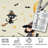 Cute Witch Girl Riding Broom with Black Cat Soft Cream Background   Digital Print Fabric by the Metre UK Sewing Quilting Textile