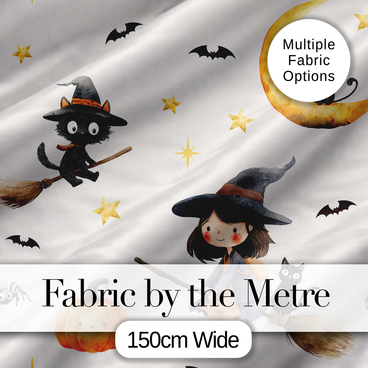 Cute Halloween Witch Girl Cat and Crescent Moon Light Grey Background   Digital Print Fabric by the Metre UK Sewing Quilting Textile