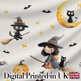 Cute Halloween Witch Girl Cat and Crescent Moon Light Grey Background   Digital Print Fabric by the Metre UK Sewing Quilting Textile