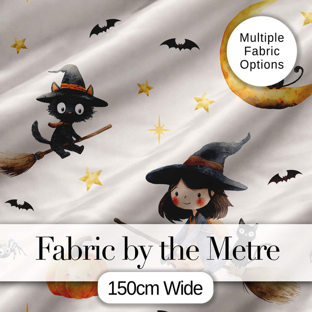 Cute Witch Girl and Black Cat with Stars and Moon Beige Background   Digital Print Fabric by the Metre UK Sewing Quilting Textile