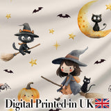 Cute Witch Girl and Black Cat with Stars and Moon Beige Background   Digital Print Fabric by the Metre UK Sewing Quilting Textile