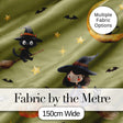 Halloween Witch Girl Flying with Cat, Bats, Stars Olive Green Background  Digital Print Fabric by the Metre UK Sewing Quilting Textile