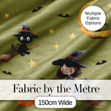 Halloween Witch Girl Flying with Cat, Bats, Stars Olive Green Background  Digital Print Fabric by the Metre UK Sewing Quilting Textile