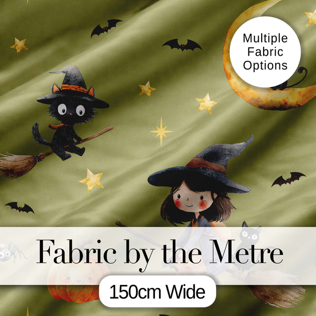 Halloween Witch Girl Flying with Cat, Bats, Stars Olive Green Background  Digital Print Fabric by the Metre UK Sewing Quilting Textile