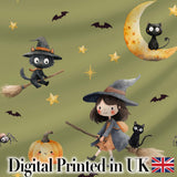 Halloween Witch Girl Flying with Cat, Bats, Stars Olive Green Background  Digital Print Fabric by the Metre UK Sewing Quilting Textile