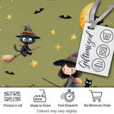 Halloween Witch Girl Flying with Cat, Bats, Stars Olive Green Background  Digital Print Fabric by the Metre UK Sewing Quilting Textile