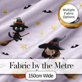 Witch Girl and Black Cat with Moon and Stars Lavender Background   Digital Print Fabric by the Metre UK Sewing Quilting Textile