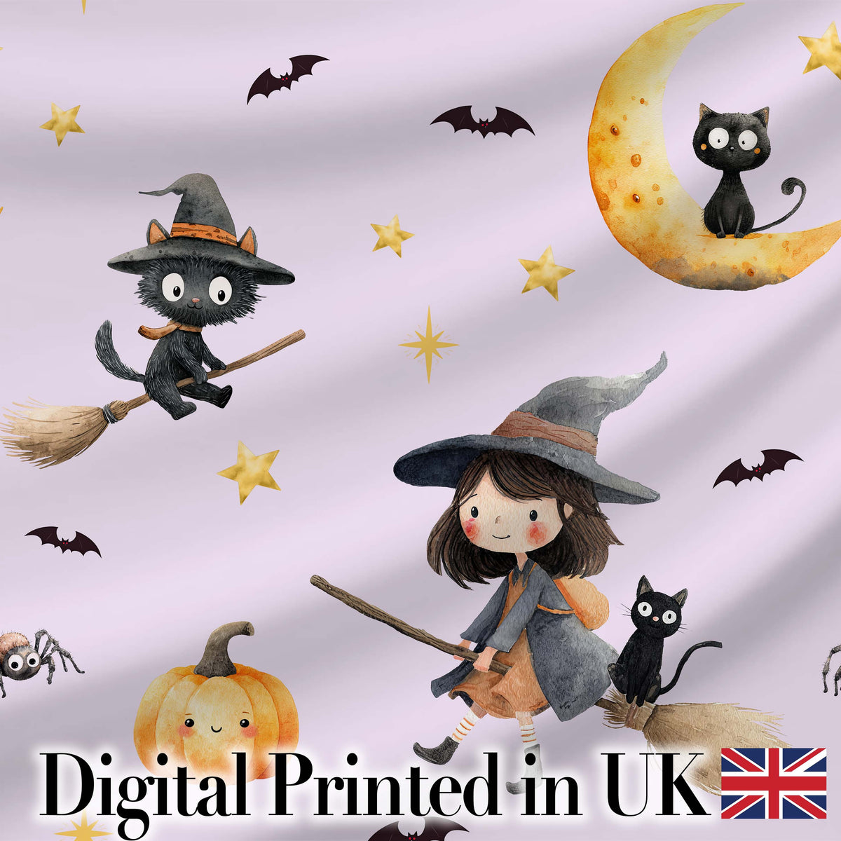 Witch Girl and Black Cat with Moon and Stars Lavender Background   Digital Print Fabric by the Metre UK Sewing Quilting Textile