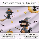 Witch Girl and Black Cat with Moon and Stars Lavender Background   Digital Print Fabric by the Metre UK Sewing Quilting Textile