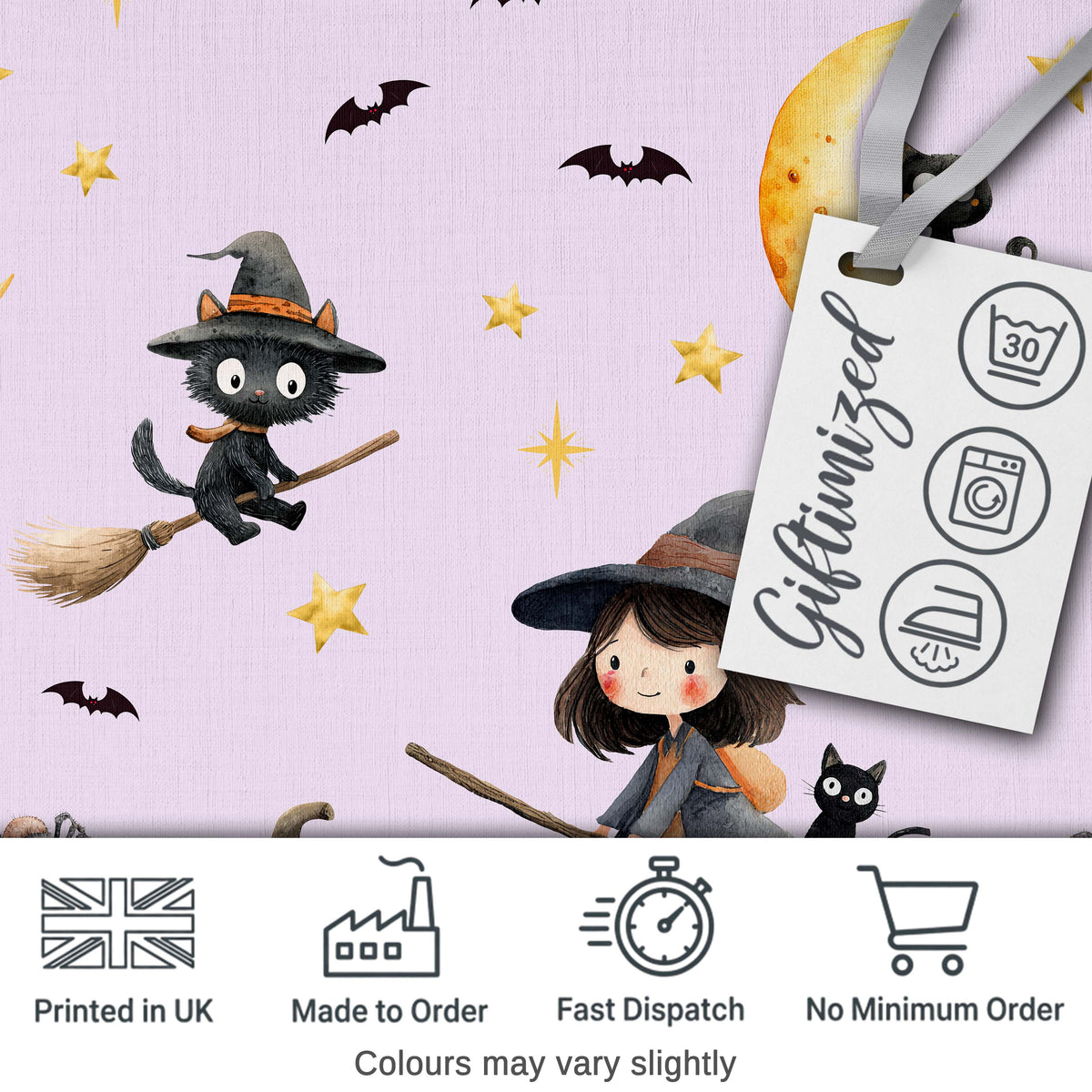 Witch Girl and Black Cat with Moon and Stars Lavender Background   Digital Print Fabric by the Metre UK Sewing Quilting Textile