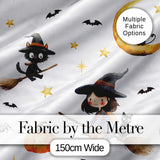 Halloween Witch Girl with Black Cats Moon and Stars  Greys  Digital Print Fabric by the Metre UK Sewing Quilting Textile