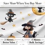Halloween Witch Girl with Black Cats Moon and Stars  Greys  Digital Print Fabric by the Metre UK Sewing Quilting Textile