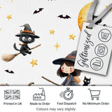 Halloween Witch Girl with Black Cats Moon and Stars  Greys  Digital Print Fabric by the Metre UK Sewing Quilting Textile