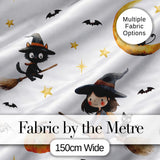 Halloween Witch Girl with Black Cats Moon and Stars Light Grey Digital Print Fabric by the Metre UK Sewing Quilting Textile